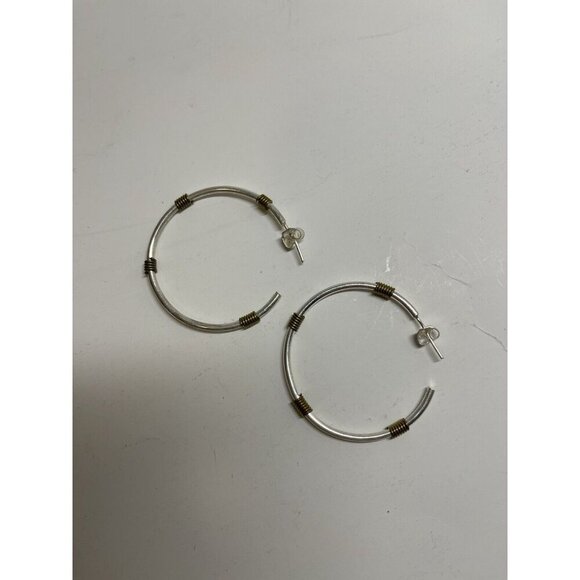 Silver Tone With Gold Tone Design Hoops Pierced Earrings - Picture 2 of 3